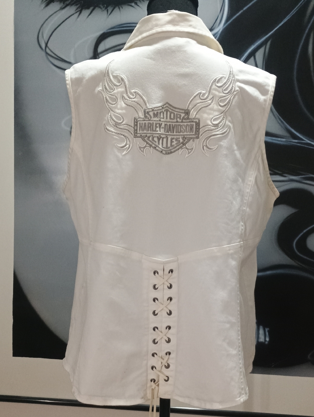 Harley-Davidson Women's White Embroidered Lace-Up Back Vest. Size 1W. Zip Front